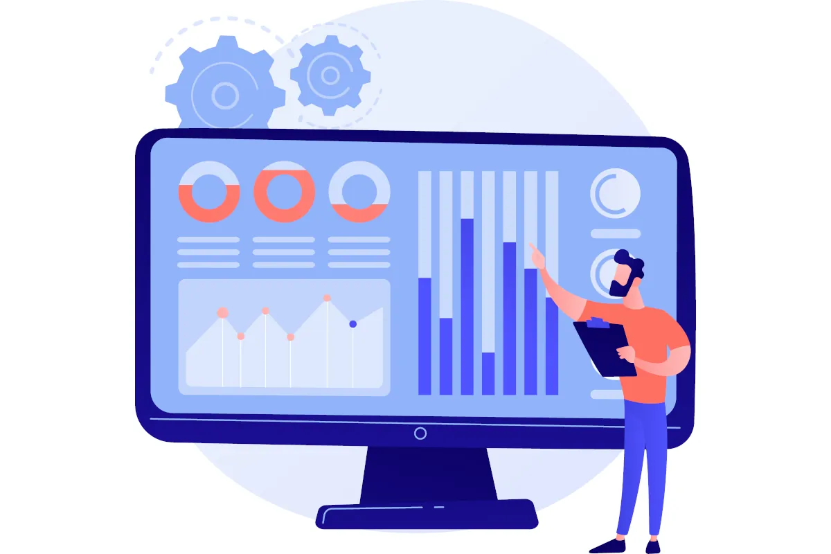 Reporting: analytik vysvětluje dashboard s grafy a ukazateli